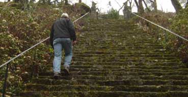Climbing the forbidden stairs at Glenveagh Castle.