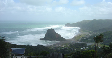 Piha Beach from the approaching road.