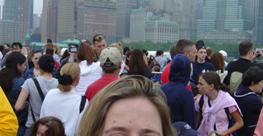 Sam waits for the ferry to leave for Liberty Island.