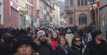 Sam along busy main street in Heidelberg.