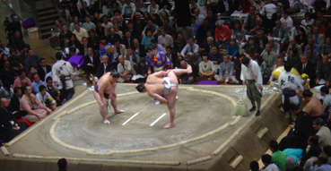 Sumo wrestlers prepare for battle.